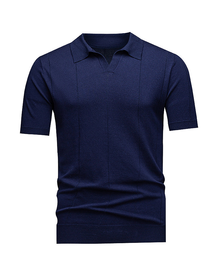 Men's Johnny Collar Knit Polo, Dark Grey Vertical Jacquard Stripes, Casual Office Wear