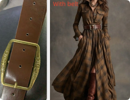 Ins Plaid Print Long-Sleeved Dress Fashion Pockets Collared Buttons Shirt Long Dresses Retro Women's Clothing