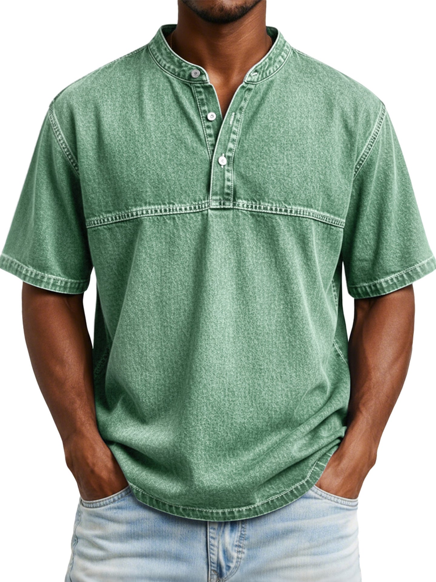 Straight-shoulder Crewneck Three-button Short-sleeve Henley Print Shirt