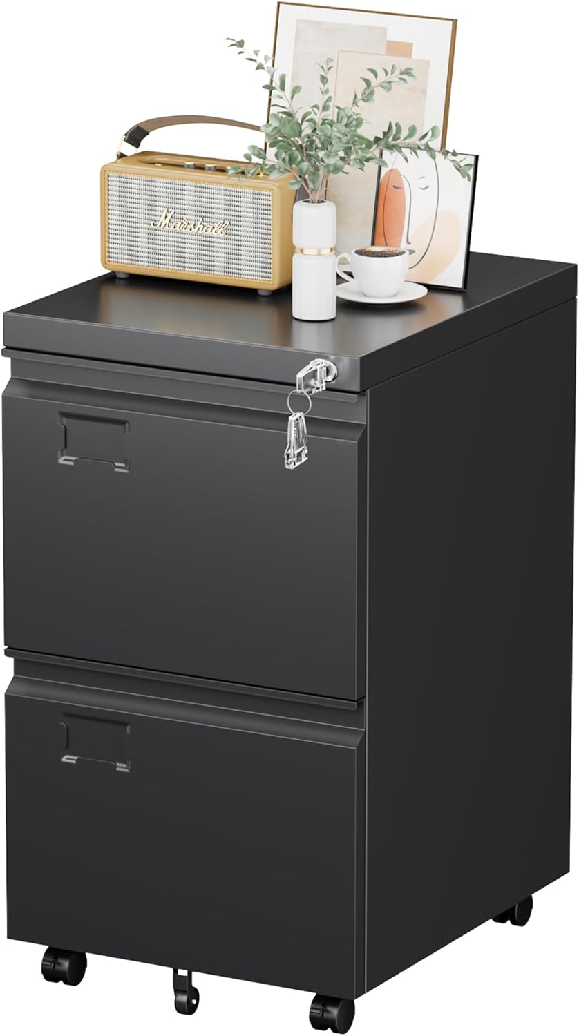 2 Drawer Mobile File Cabinet, Metal Under Desk Cabinet With Lock Name Card Holder For Office Home, Legal Letter Size, Assembly Required