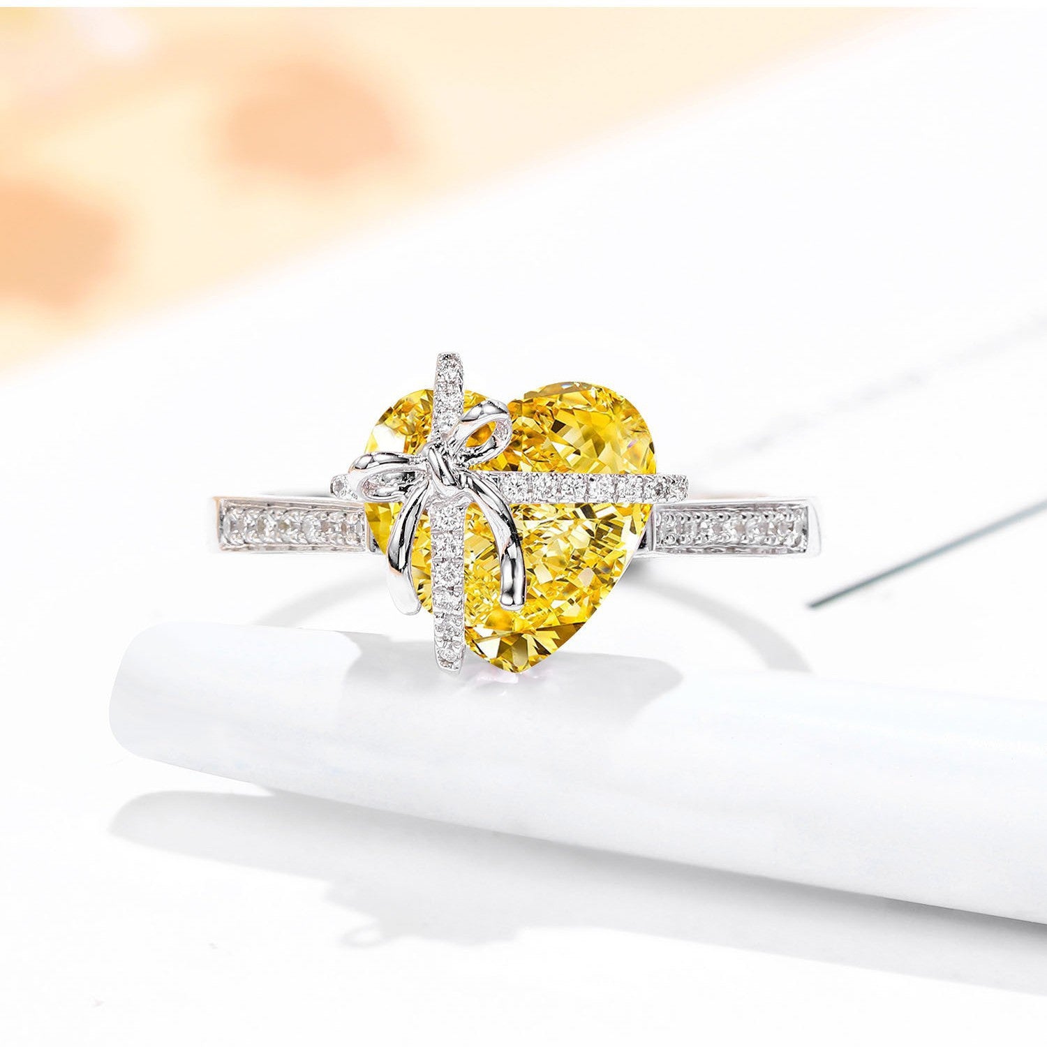 Yellow Zircon High-Carbon Diamond Bow Ring For Women
