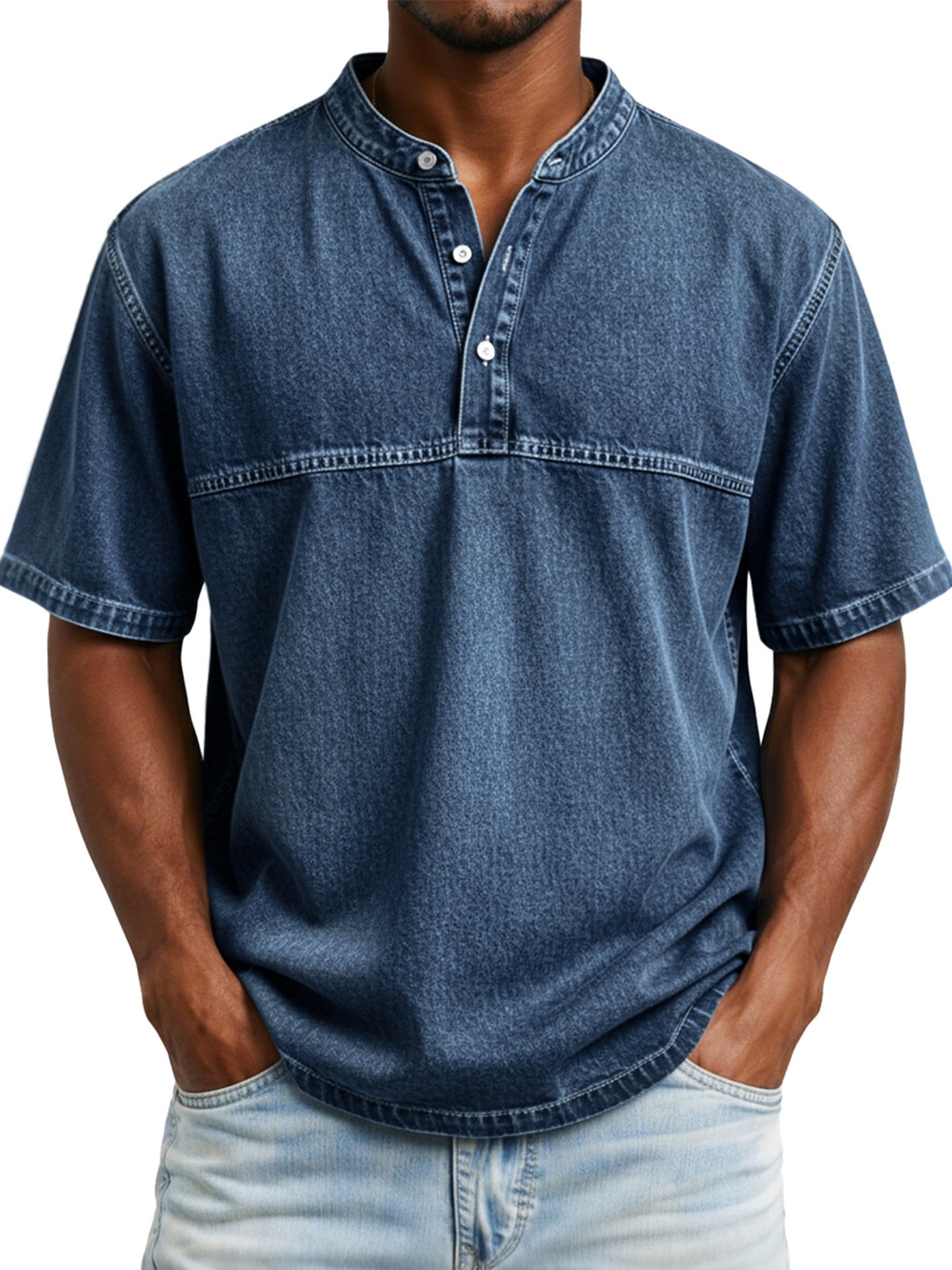Straight-shoulder Crewneck Three-button Short-sleeve Henley Print Shirt