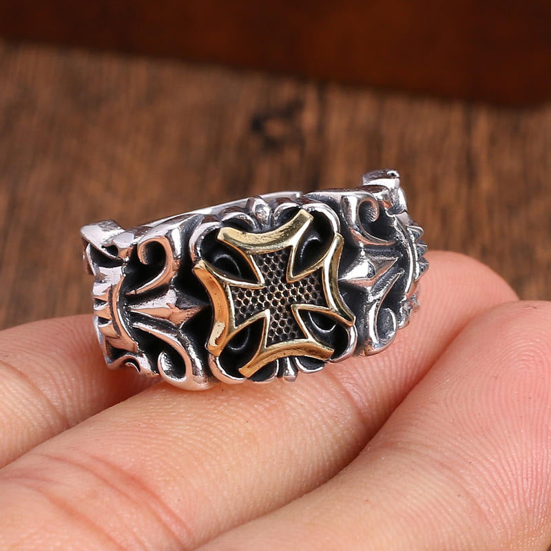 Men's Vintage Distressed Cross Ring  Adjustable Open Band, Hip Hop Cool Style Index Finger Ring