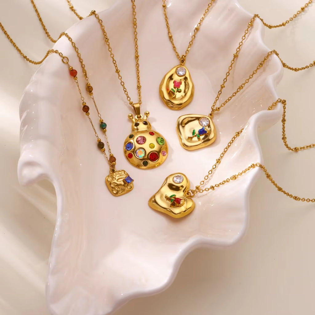 Retro Zircon-Inlaid Oil-Drip Pattern 18K Gold-Plated Choker Necklace