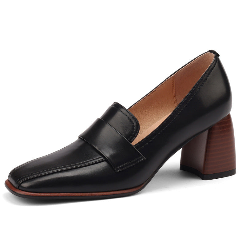 Retro Brown Chunky-Heel Pumps Women's Sheepskin
