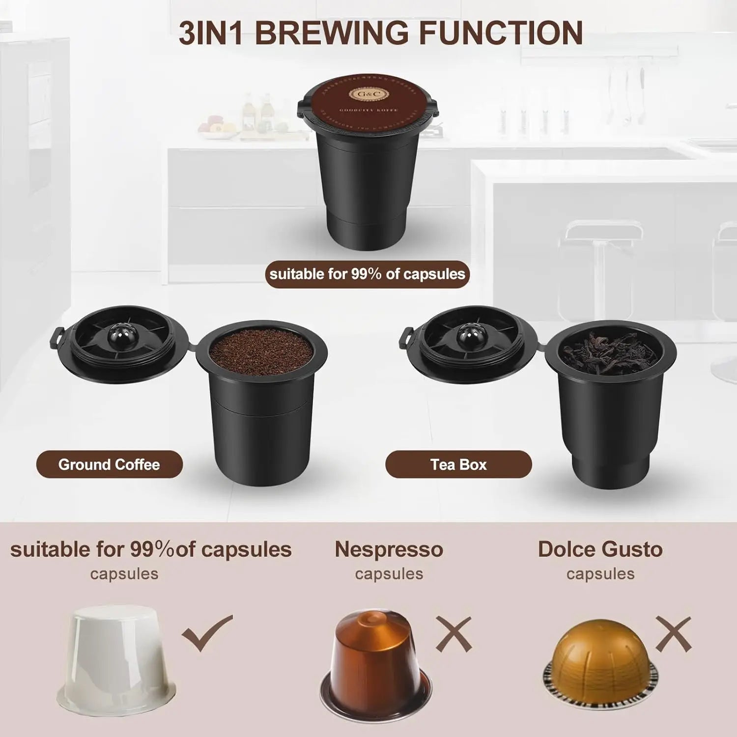 3-in-1 Coffee Maker for Pods, Ground Coffee & Tea, 6-10oz Cups, 50oz Tank, 1150W, Compact Black