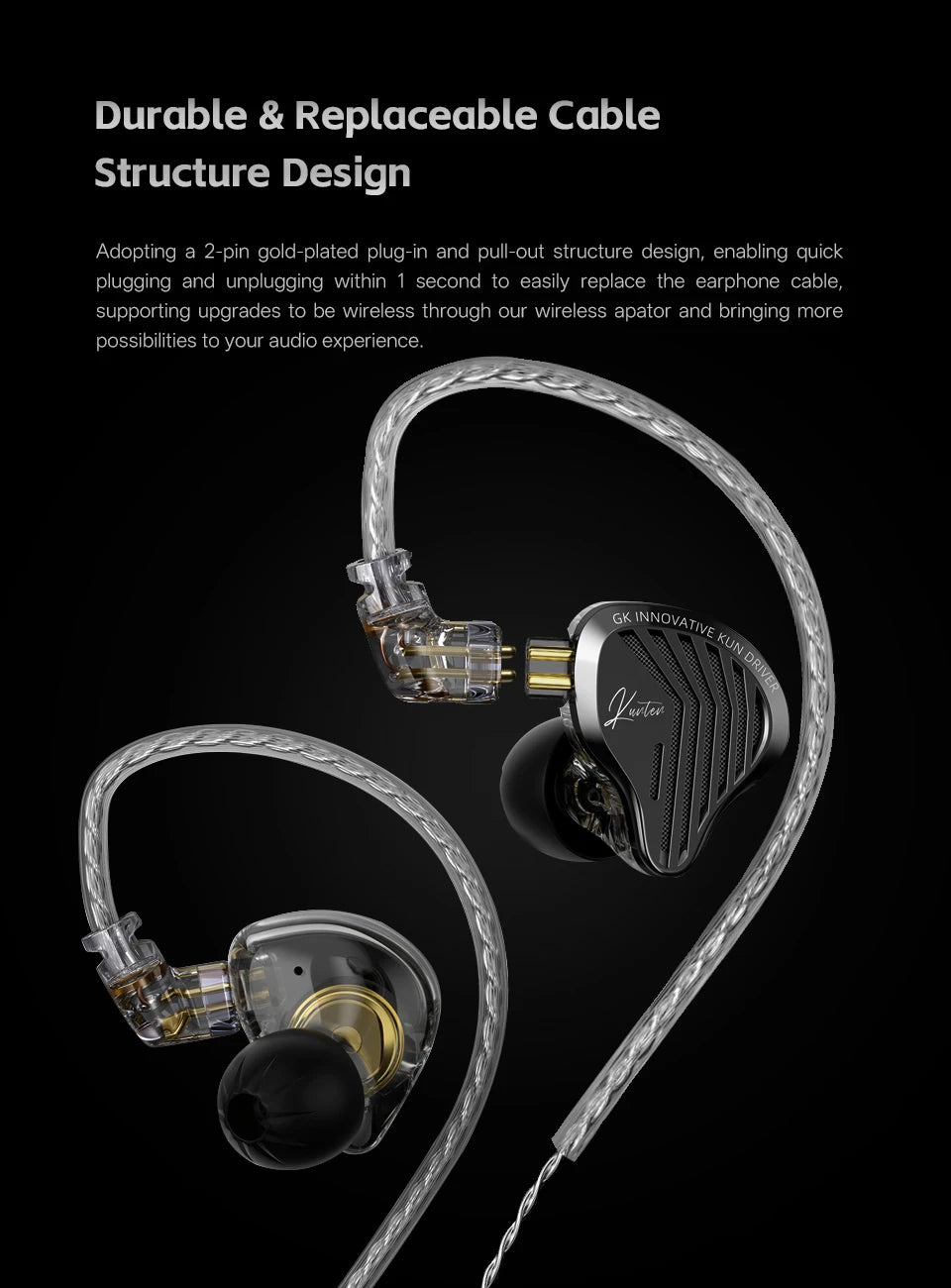 GK KUNTEN Dynamic Drive Headphones HIFI Heavy Bass Earbuds Sports Metal Headphones Detachable Headphones 2PIN KZ Zenith EDX
