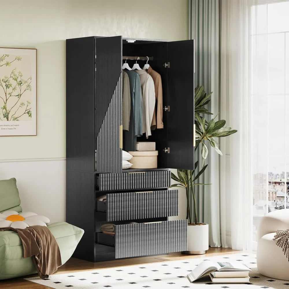 Large Wooden Wardrobe Armoire with Double Doors, 3 Drawers, and Hanging Rod for Bedroom Storage