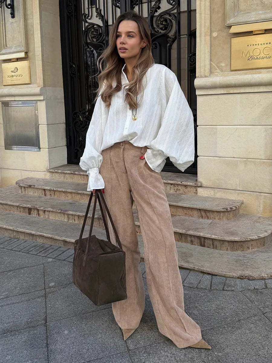 Bornladies Cotton Women's New Retro Wide Leg Pants Loose Fit Corduroy High Waist Trendy Autumn Winter Fashion Trousers