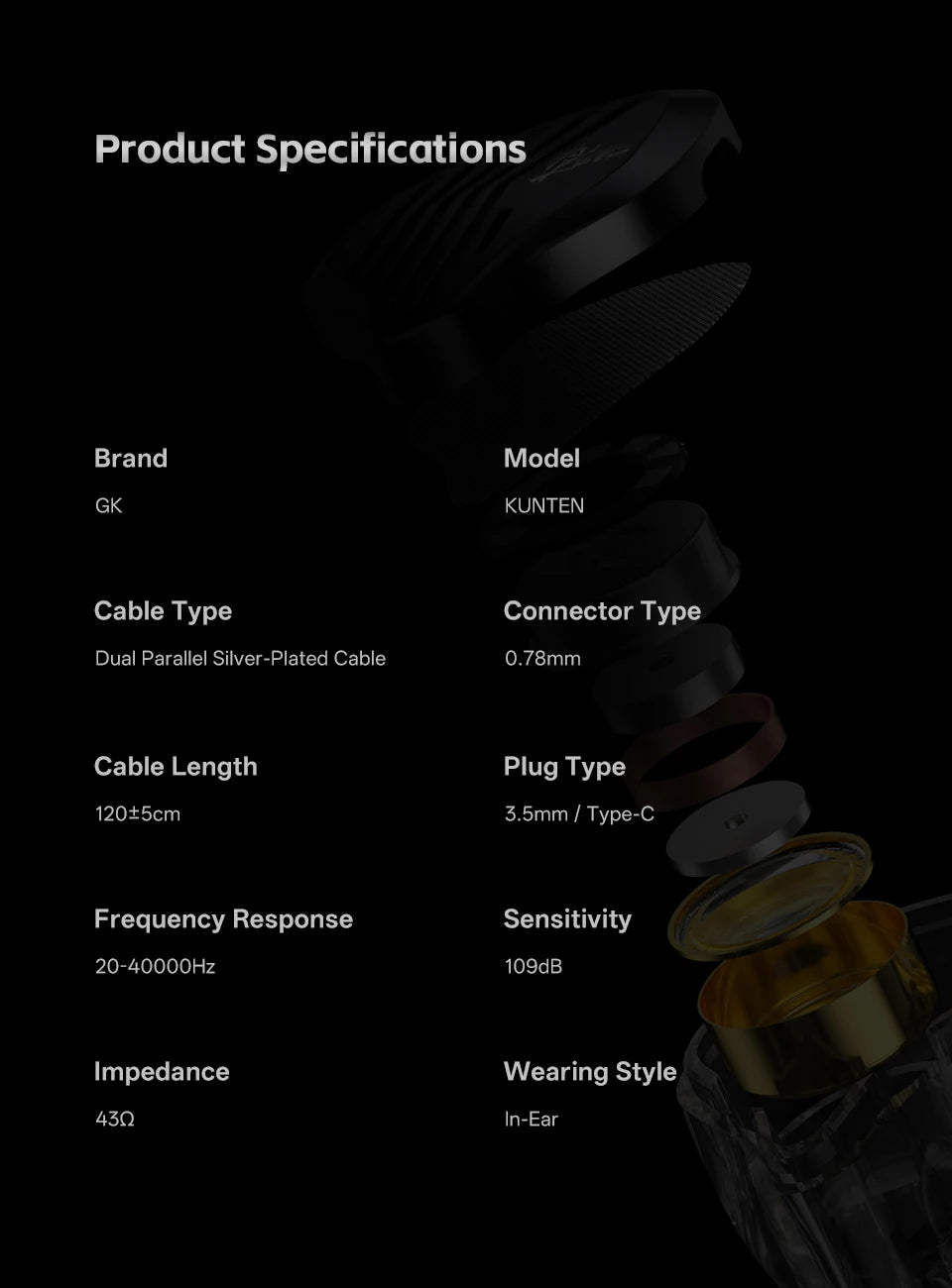 GK KUNTEN Dynamic Drive Headphones HIFI Heavy Bass Earbuds Sports Metal Headphones Detachable Headphones 2PIN KZ Zenith EDX