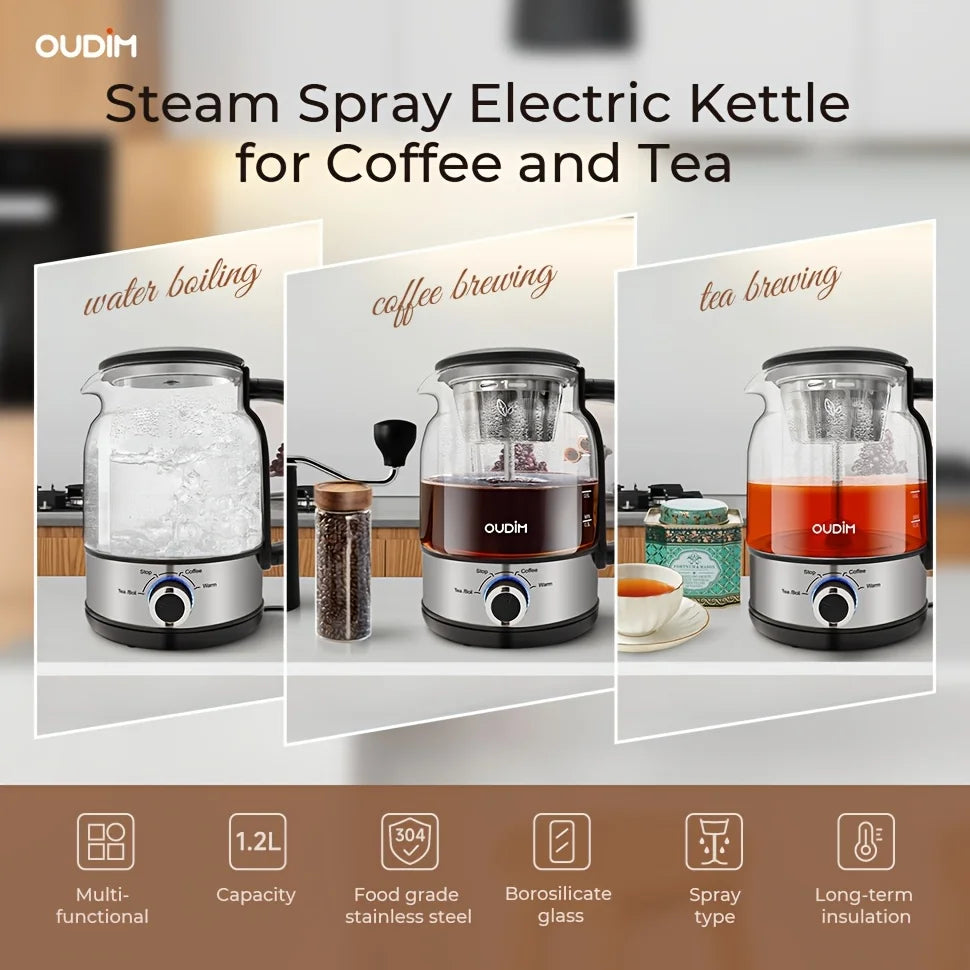 40.58Oz Electric Coffee Maker And Tea Infuser - 600W, Bpa-Free Glass Stainless Steel Kettle, Heat Resistant Borosilicate, 304 St