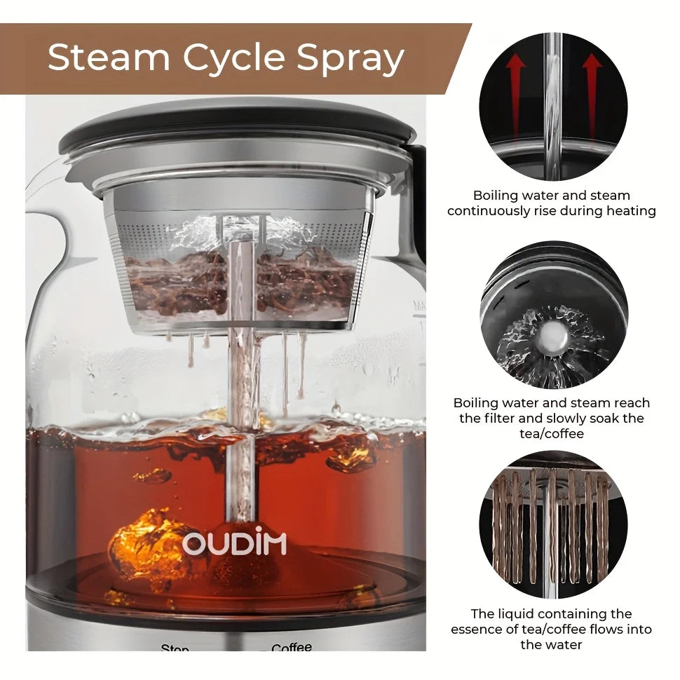 40.58Oz Electric Coffee Maker And Tea Infuser - 600W, Bpa-Free Glass Stainless Steel Kettle, Heat Resistant Borosilicate, 304 St