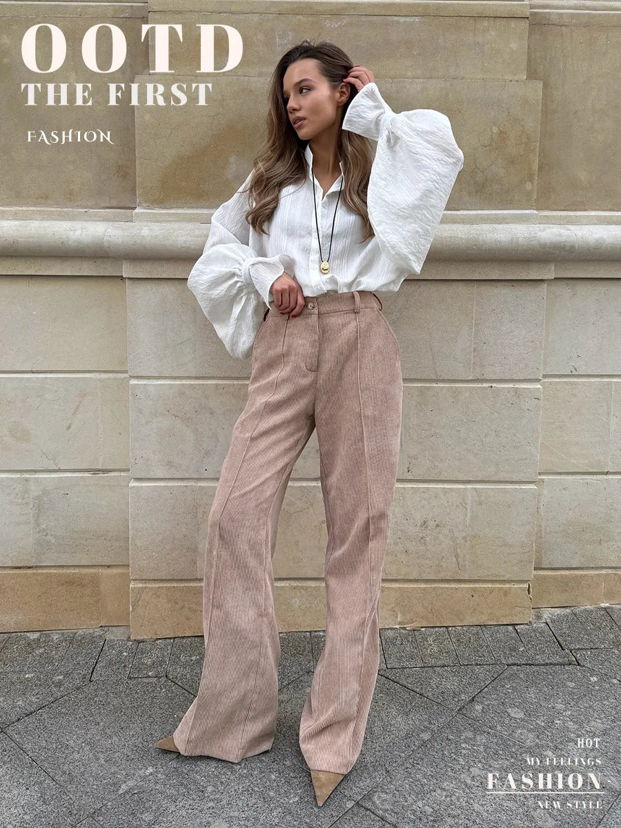 Bornladies Cotton Women's New Retro Wide Leg Pants Loose Fit Corduroy High Waist Trendy Autumn Winter Fashion Trousers