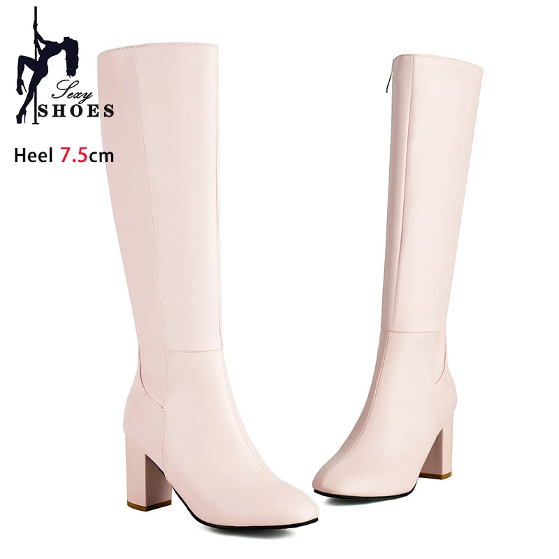 Black Long Boots Women's Fashionable Thick Heels Side Zipper Ladies Shoes Soft PU Leather Knee High Boots Plus Size 43 44 45 46