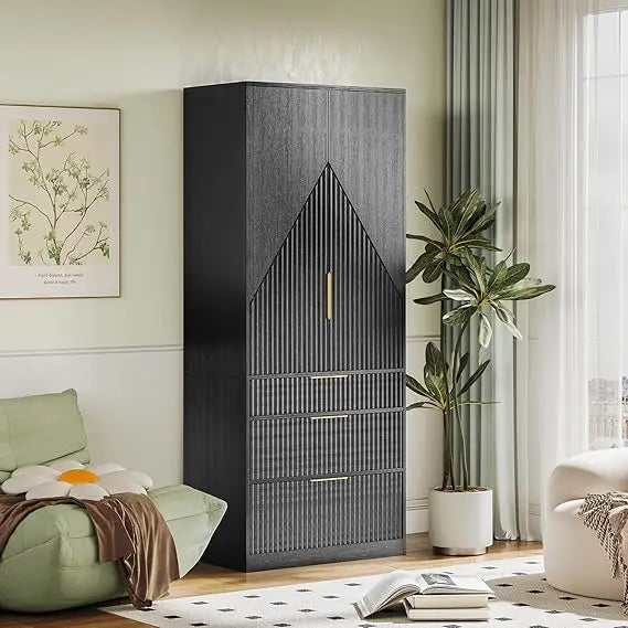 Large Wooden Wardrobe Armoire with Double Doors, 3 Drawers, and Hanging Rod for Bedroom Storage