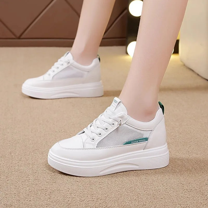 Womens 2026 Spring Summer White Platform Sneakers Inner Height Increasing Thick Sole Casual Breathable Sport Walking Shoes