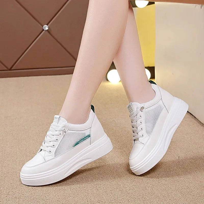 Womens 2026 Spring Summer White Platform Sneakers Inner Height Increasing Thick Sole Casual Breathable Sport Walking Shoes