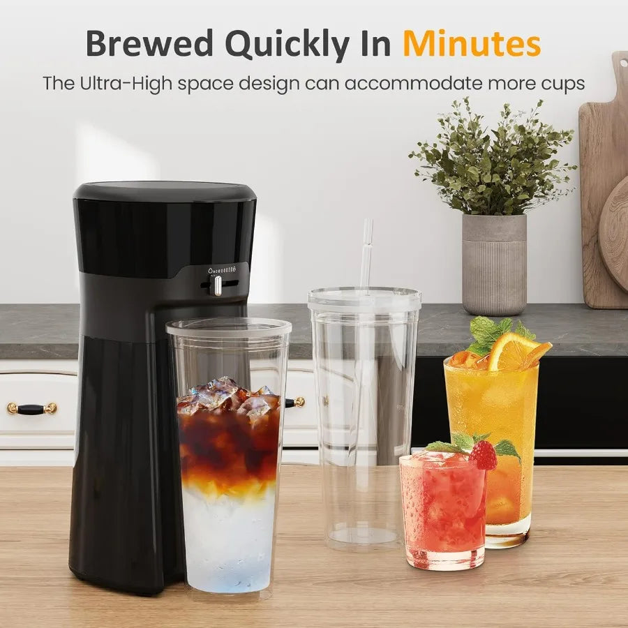 Iced Coffee and Tea Maker with Reusable Coffee Filter and Portable 20oz Double Insulated Cups Single Serve Machine for Home Str