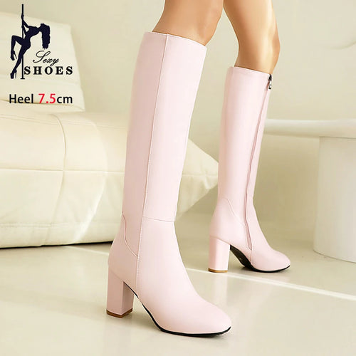 Black Long Boots Women's Fashionable Thick Heels Side Zipper Ladies Shoes Soft PU Leather Knee High Boots Plus Size 43 44 45 46