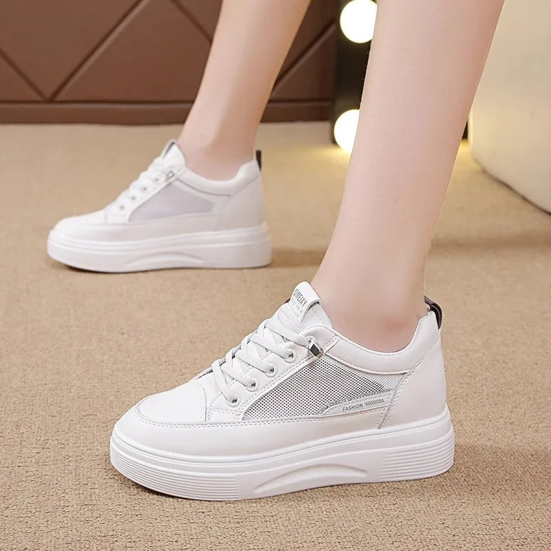 Womens 2026 Spring Summer White Platform Sneakers Inner Height Increasing Thick Sole Casual Breathable Sport Walking Shoes