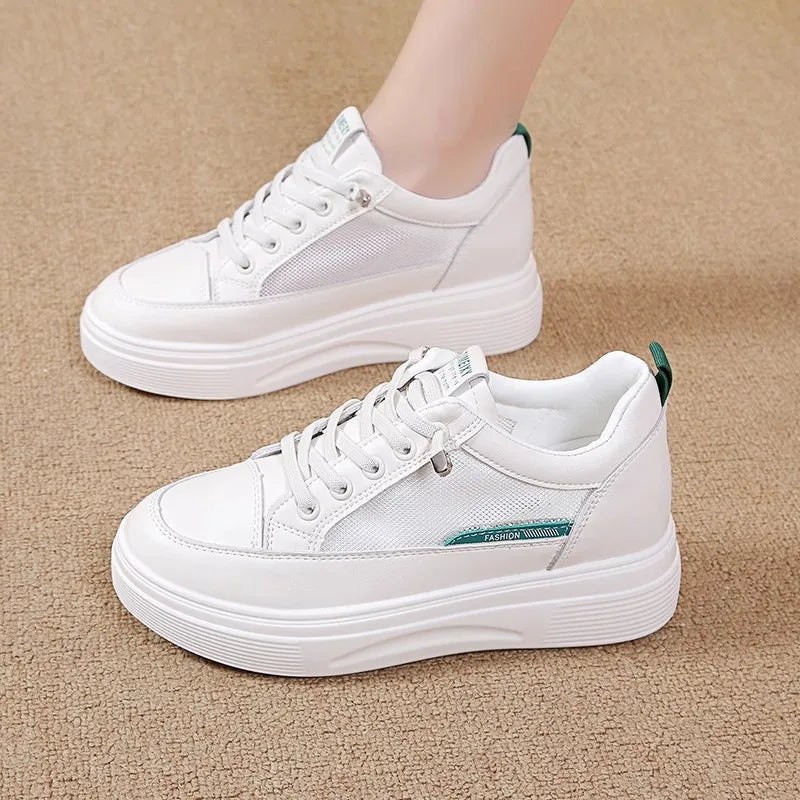 Womens 2026 Spring Summer White Platform Sneakers Inner Height Increasing Thick Sole Casual Breathable Sport Walking Shoes
