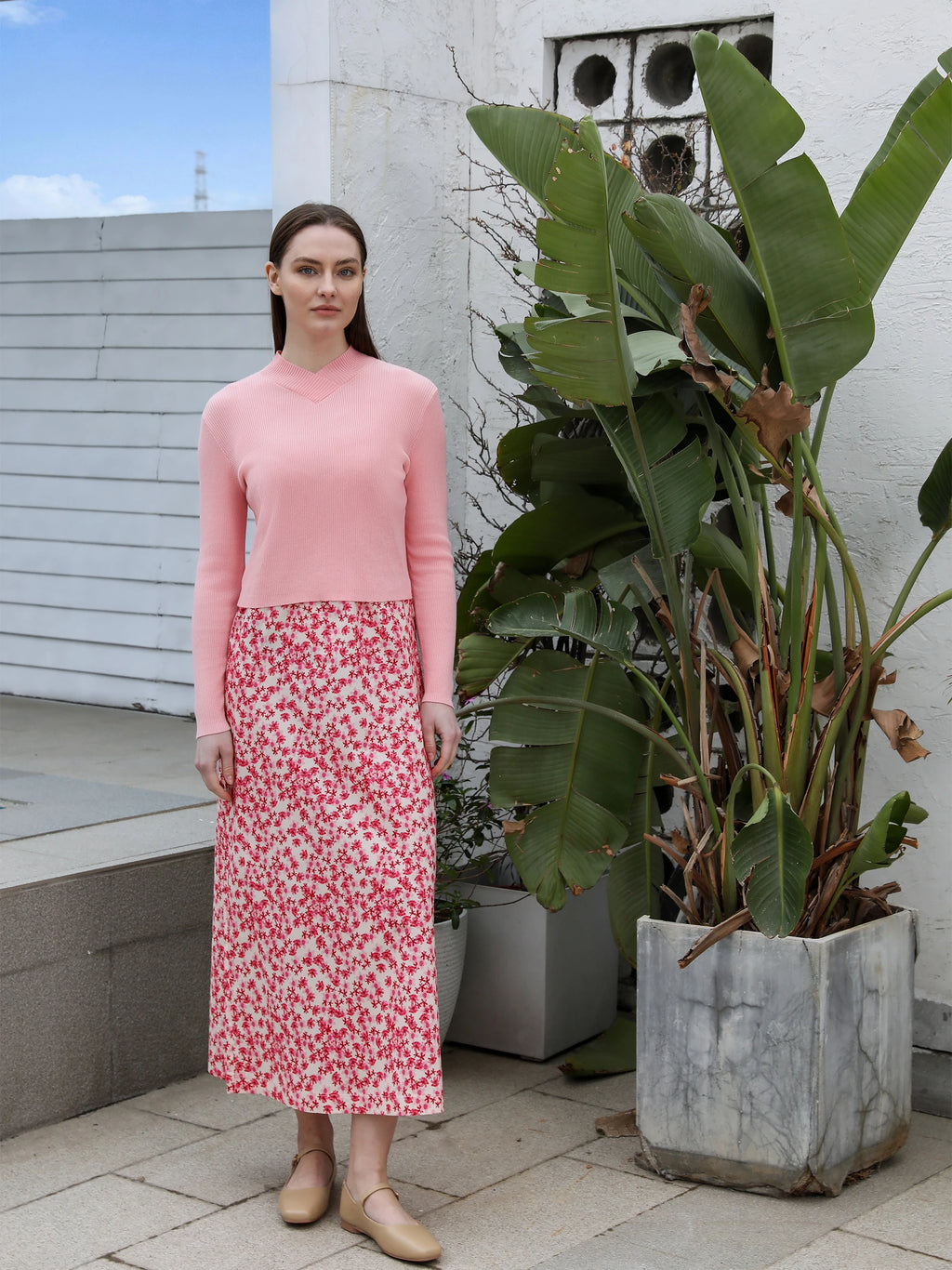 Spring and Summer Women Pink Pattern Satin Slip Dress Knitting V-neck Sweater Sweet Style Clothing