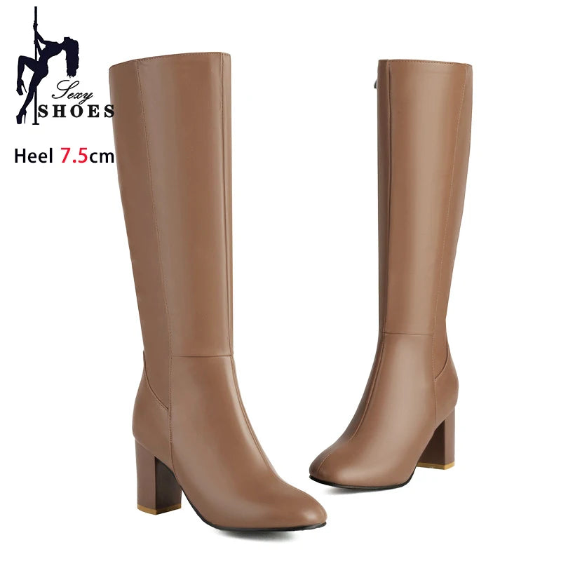 Black Long Boots Women's Fashionable Thick Heels Side Zipper Ladies Shoes Soft PU Leather Knee High Boots Plus Size 43 44 45 46