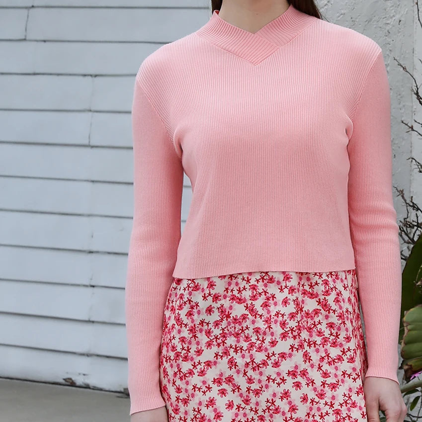 Spring and Summer Women Pink Pattern Satin Slip Dress Knitting V-neck Sweater Sweet Style Clothing