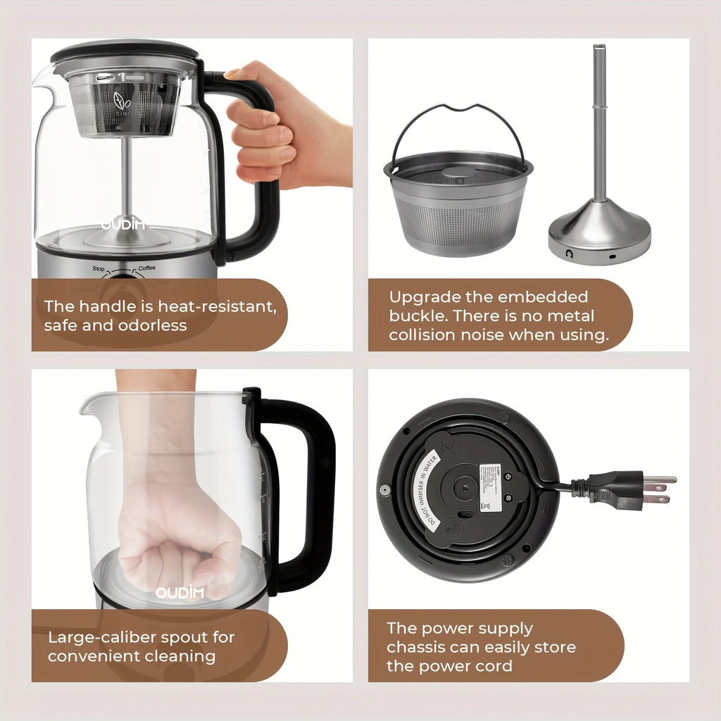 40.58Oz Electric Coffee Maker And Tea Infuser - 600W, Bpa-Free Glass Stainless Steel Kettle, Heat Resistant Borosilicate, 304 St