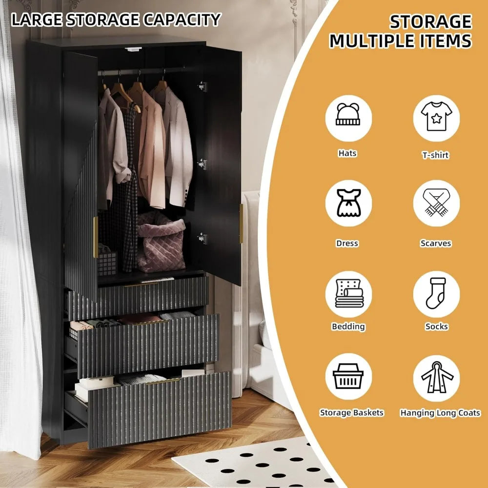 Large Wooden Wardrobe Armoire with Double Doors, 3 Drawers, and Hanging Rod for Bedroom Storage