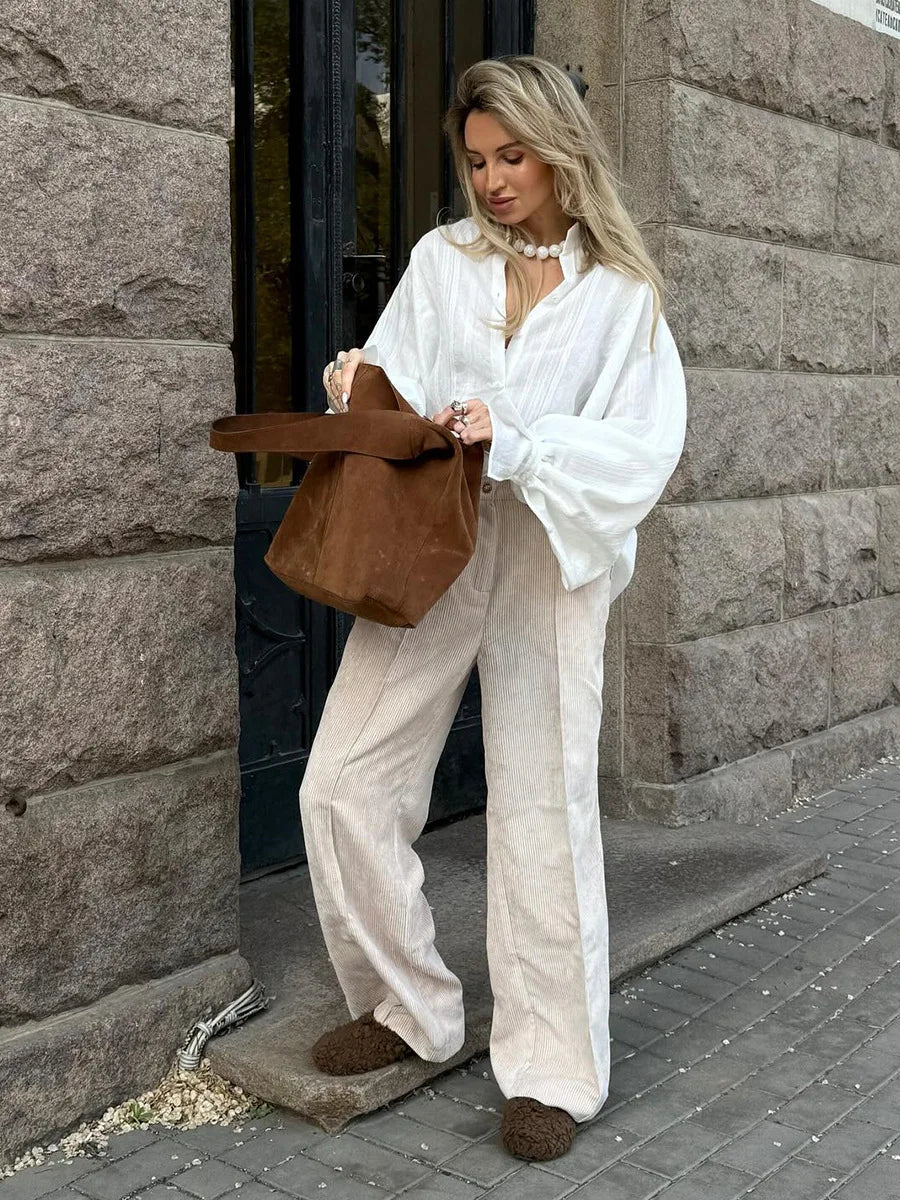 Bornladies Cotton Women's New Retro Wide Leg Pants Loose Fit Corduroy High Waist Trendy Autumn Winter Fashion Trousers