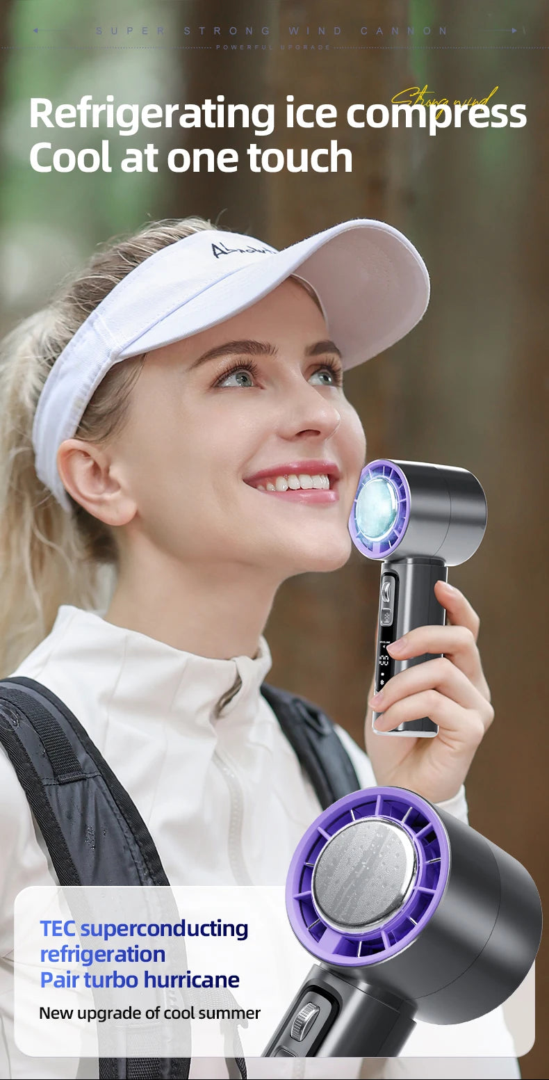 Outdoor Portable Mini Fan Handheld Fan with LED Display Semiconductor Refrigeration 100 Wind Speeds USB Rechargeable Battery Fan