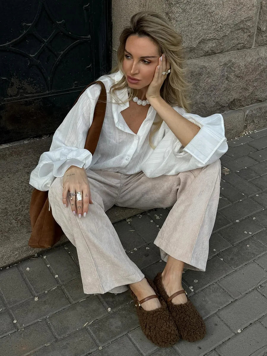 Bornladies Cotton Women's New Retro Wide Leg Pants Loose Fit Corduroy High Waist Trendy Autumn Winter Fashion Trousers