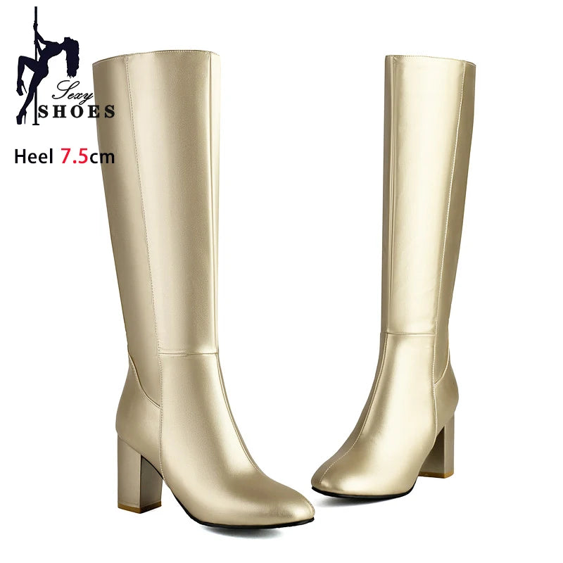 Black Long Boots Women's Fashionable Thick Heels Side Zipper Ladies Shoes Soft PU Leather Knee High Boots Plus Size 43 44 45 46