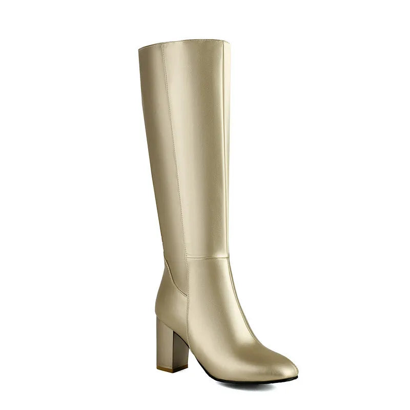 Black Long Boots Women's Fashionable Thick Heels Side Zipper Ladies Shoes Soft PU Leather Knee High Boots Plus Size 43 44 45 46