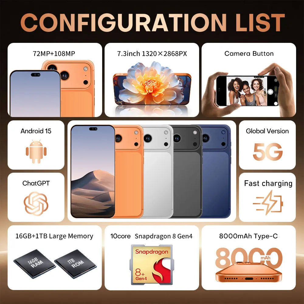 2026 NEW i17 Pro Max 5G Dual Card 8000mAh Battery 7.3HD Global Edition Original Cheap Smart Android Facial Recognition Function