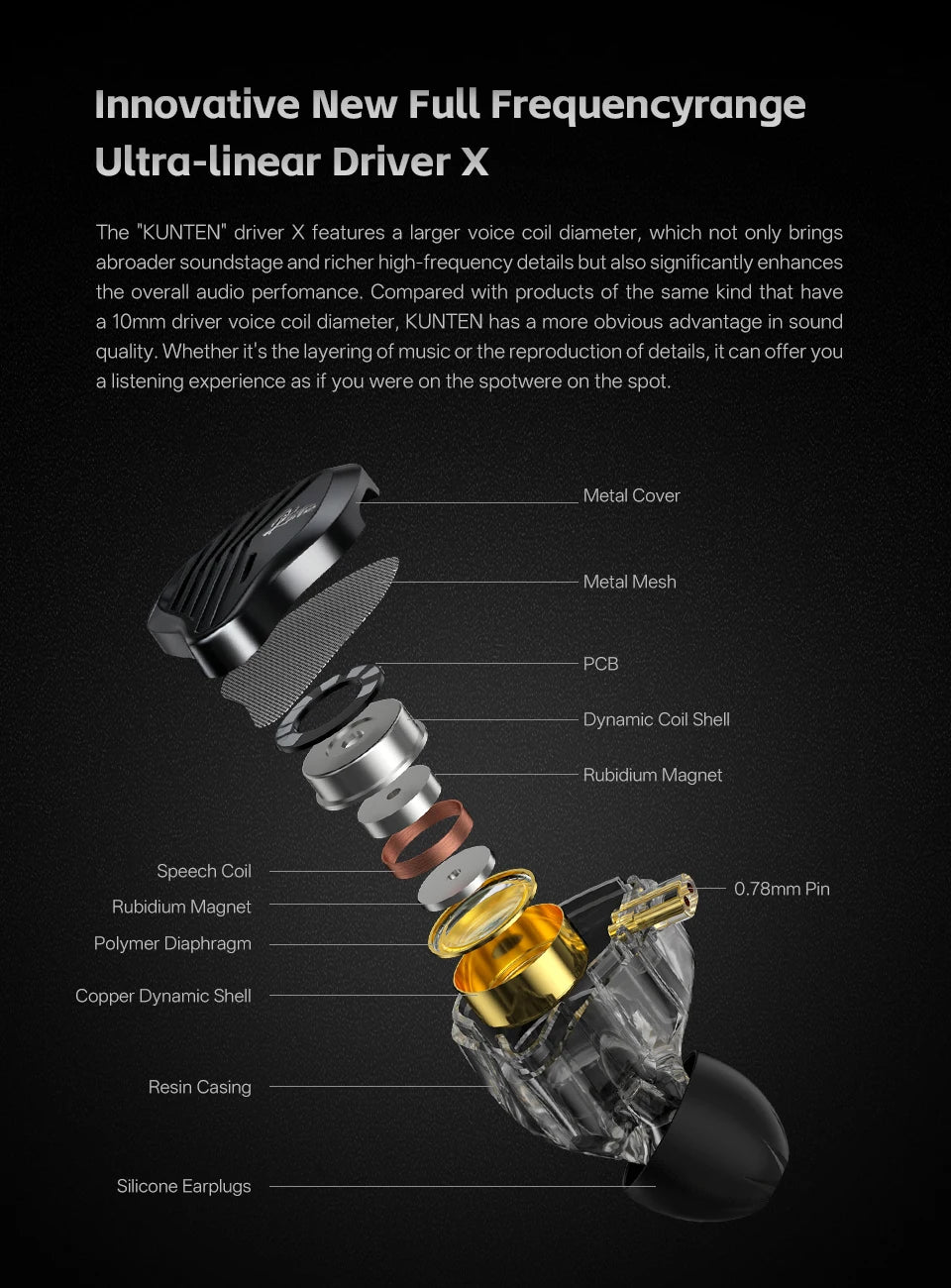 GK KUNTEN Dynamic Drive Headphones HIFI Heavy Bass Earbuds Sports Metal Headphones Detachable Headphones 2PIN KZ Zenith EDX