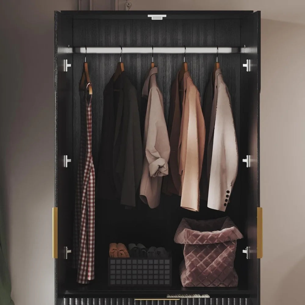 Large Wooden Wardrobe Armoire with Double Doors, 3 Drawers, and Hanging Rod for Bedroom Storage