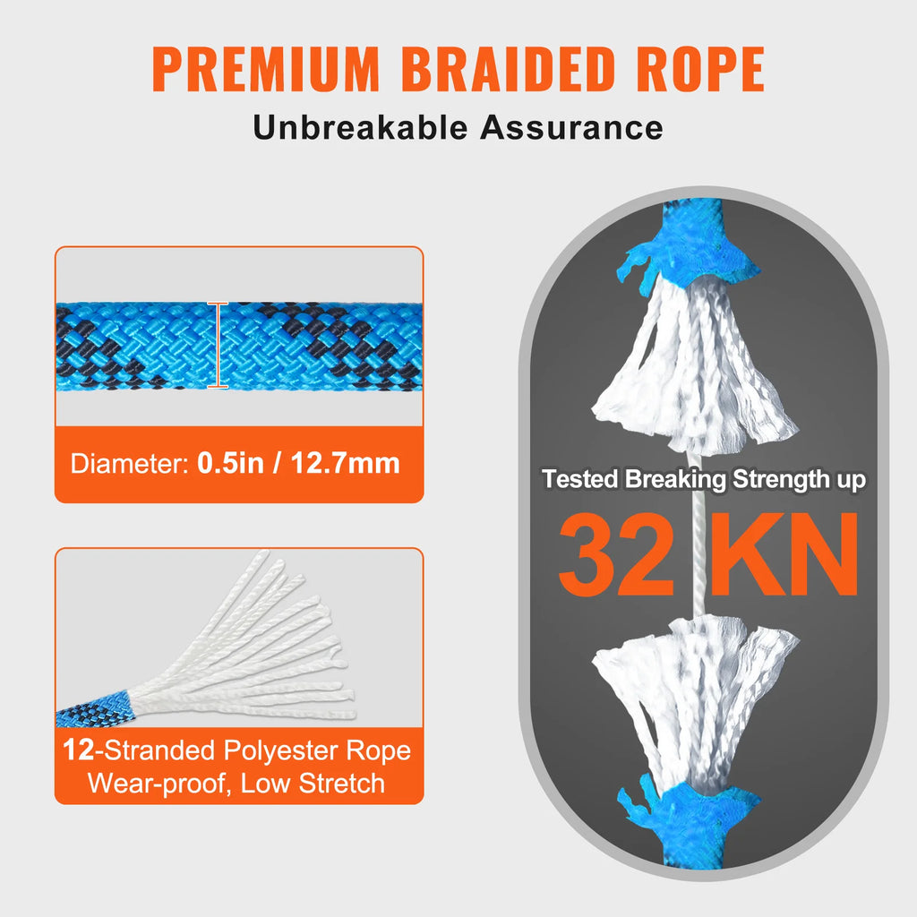 VEVOR 12.7mm Static Climbing Rope 125/150/200ft Outdoor Rock Climbing Rope 30KN Breaking Tension Fiber Rope w/ Steel Snap Hooks