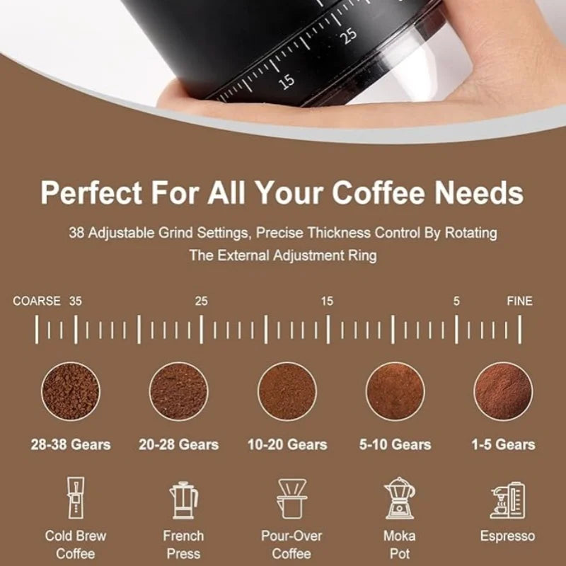 Electric Coffee Grinder 38 Gears Adjustment Ceramic Filter Long Battery Life One-Button Start Bean Grinder