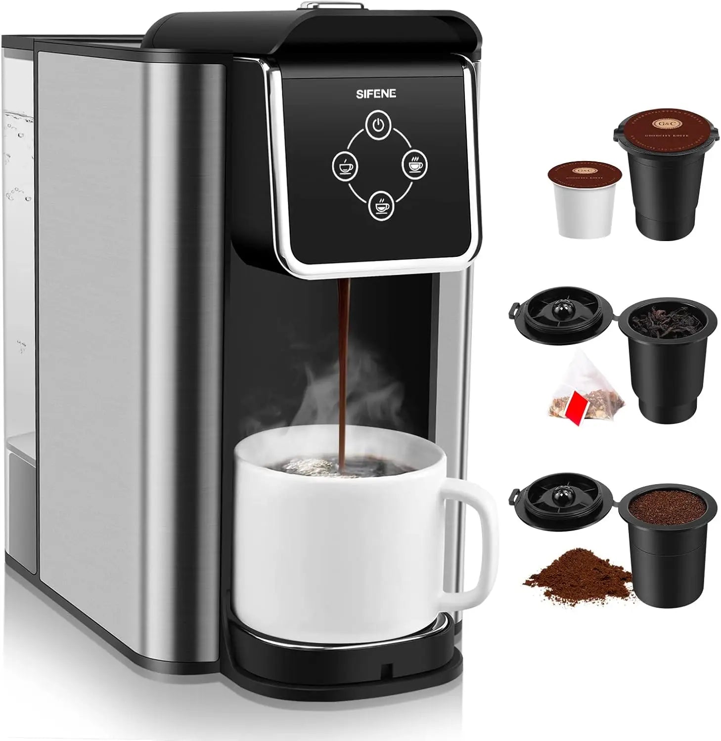 3-in-1 Coffee Maker for Pods, Ground Coffee & Tea, 6-10oz Cups, 50oz Tank, 1150W, Compact Black