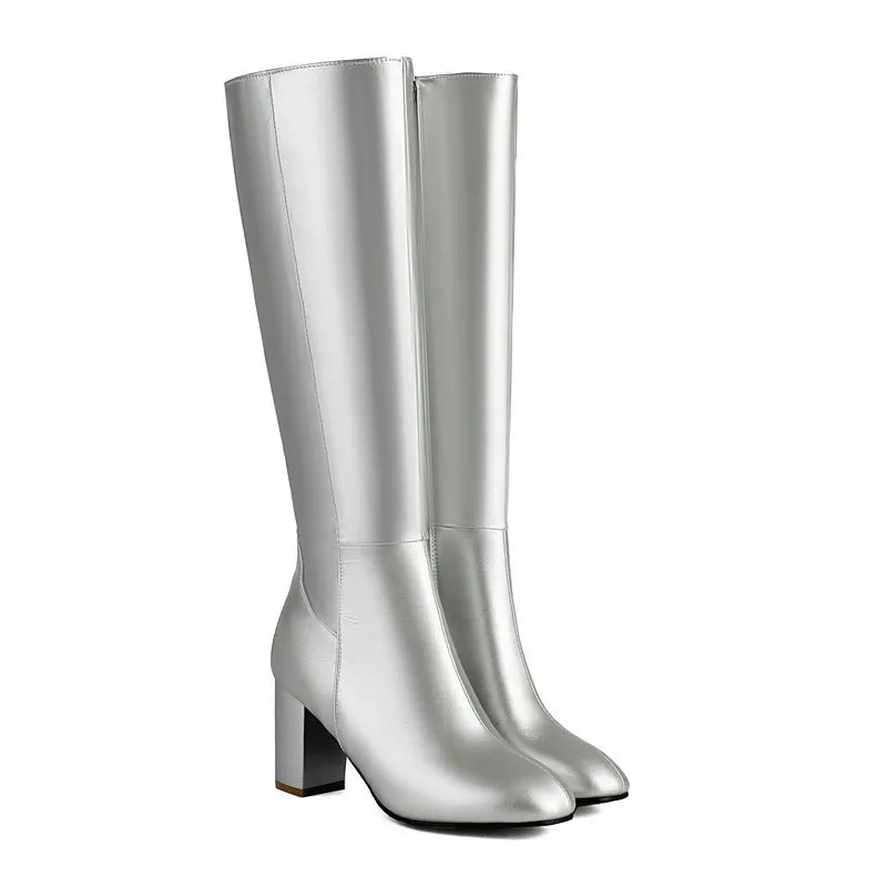 Black Long Boots Women's Fashionable Thick Heels Side Zipper Ladies Shoes Soft PU Leather Knee High Boots Plus Size 43 44 45 46
