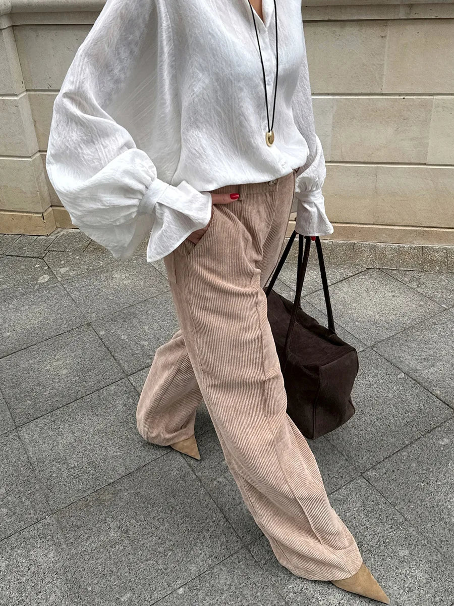 Bornladies Cotton Women's New Retro Wide Leg Pants Loose Fit Corduroy High Waist Trendy Autumn Winter Fashion Trousers