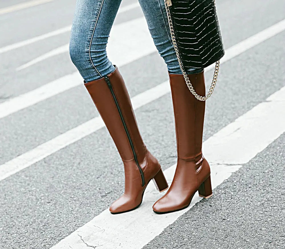 Black Long Boots Women's Fashionable Thick Heels Side Zipper Ladies Shoes Soft PU Leather Knee High Boots Plus Size 43 44 45 46