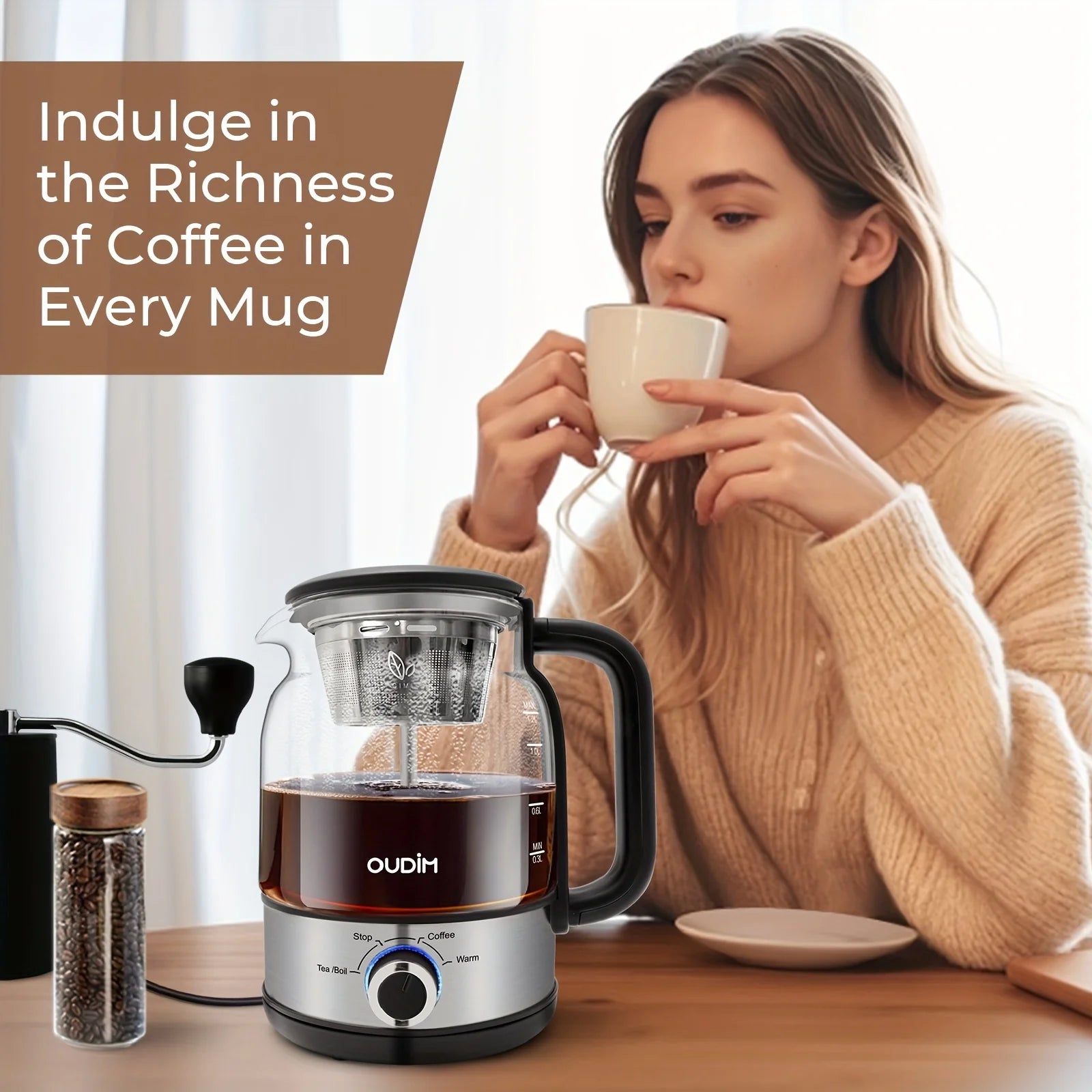 40.58Oz Electric Coffee Maker And Tea Infuser - 600W, Bpa-Free Glass Stainless Steel Kettle, Heat Resistant Borosilicate, 304 St