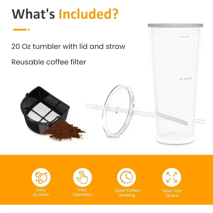 Iced Coffee and Tea Maker with Reusable Coffee Filter and Portable 20oz Double Insulated Cups Single Serve Machine for Home Str