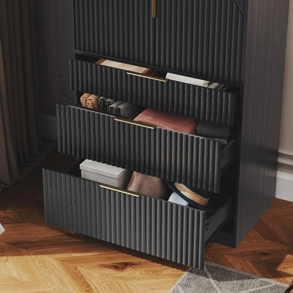 Large Wooden Wardrobe Armoire with Double Doors, 3 Drawers, and Hanging Rod for Bedroom Storage