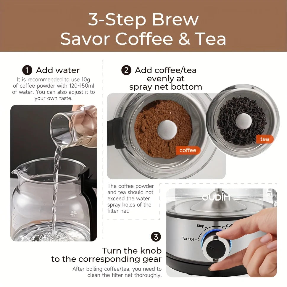 40.58Oz Electric Coffee Maker And Tea Infuser - 600W, Bpa-Free Glass Stainless Steel Kettle, Heat Resistant Borosilicate, 304 St