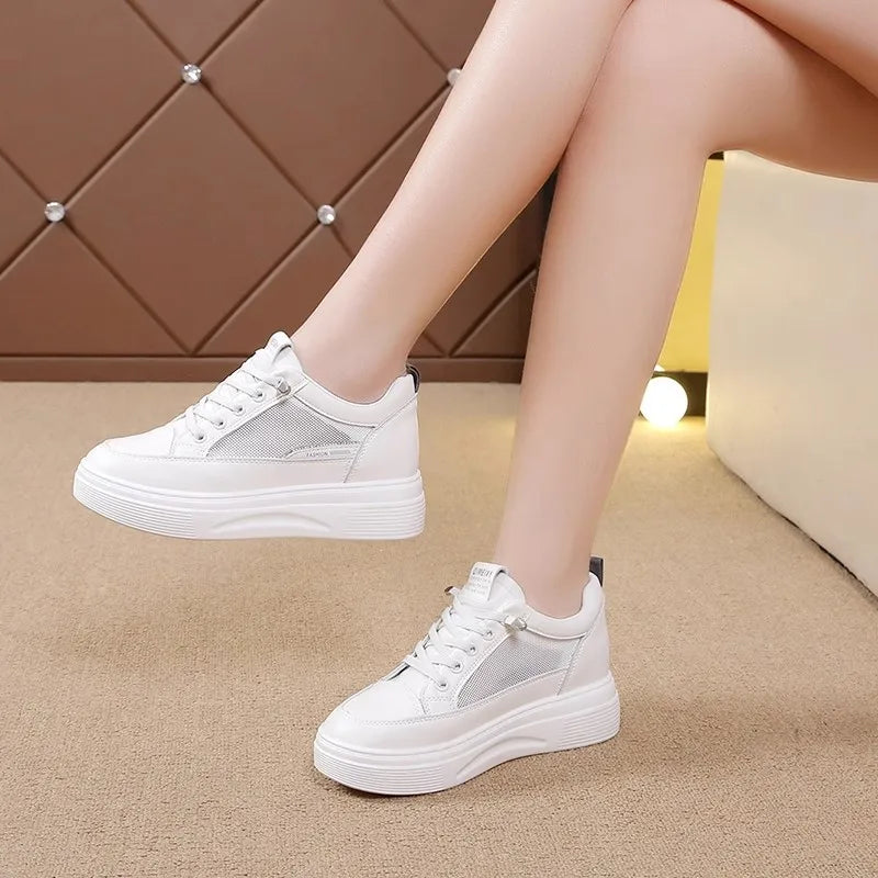 Womens 2026 Spring Summer White Platform Sneakers Inner Height Increasing Thick Sole Casual Breathable Sport Walking Shoes