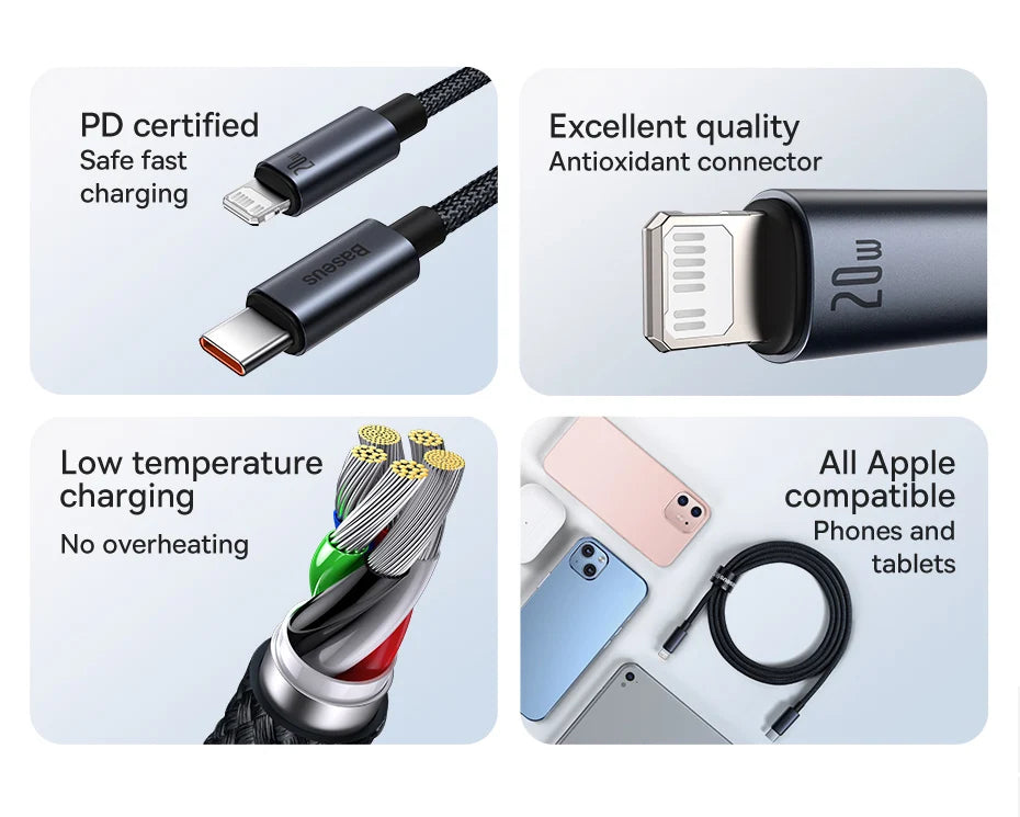 Baseus 20W USB C Cable For iPhone 14 13 12 11 Pro Max XS Xr Fast Charging Cable For iPhone iPad Wire Cord For iPad Macbook